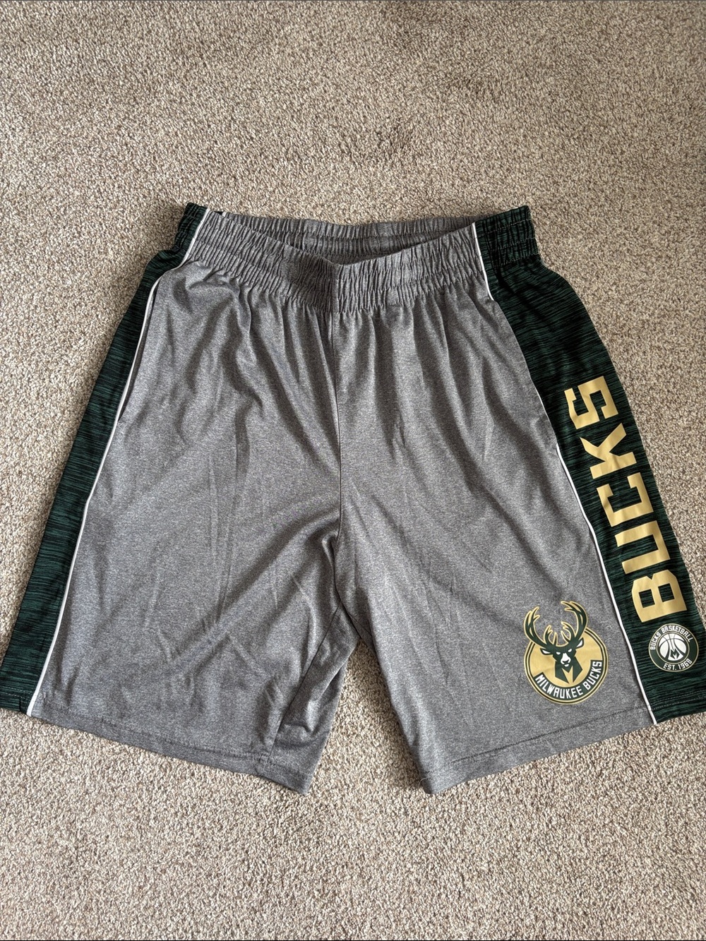 NBA Milwaukee Bucks Gray and Green Athletic Shorts with Gold Logo
